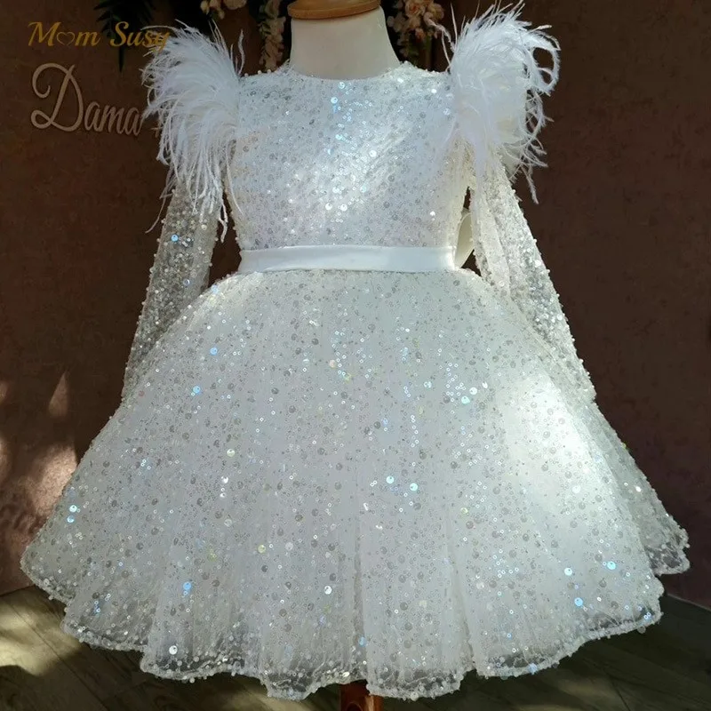 

Fashion Baby Girl Princess Sequins Tutu Dress Long Feather Sleeve Child Vestido Wedding Party Birthday Xmas Baby Clothes 1-14Y