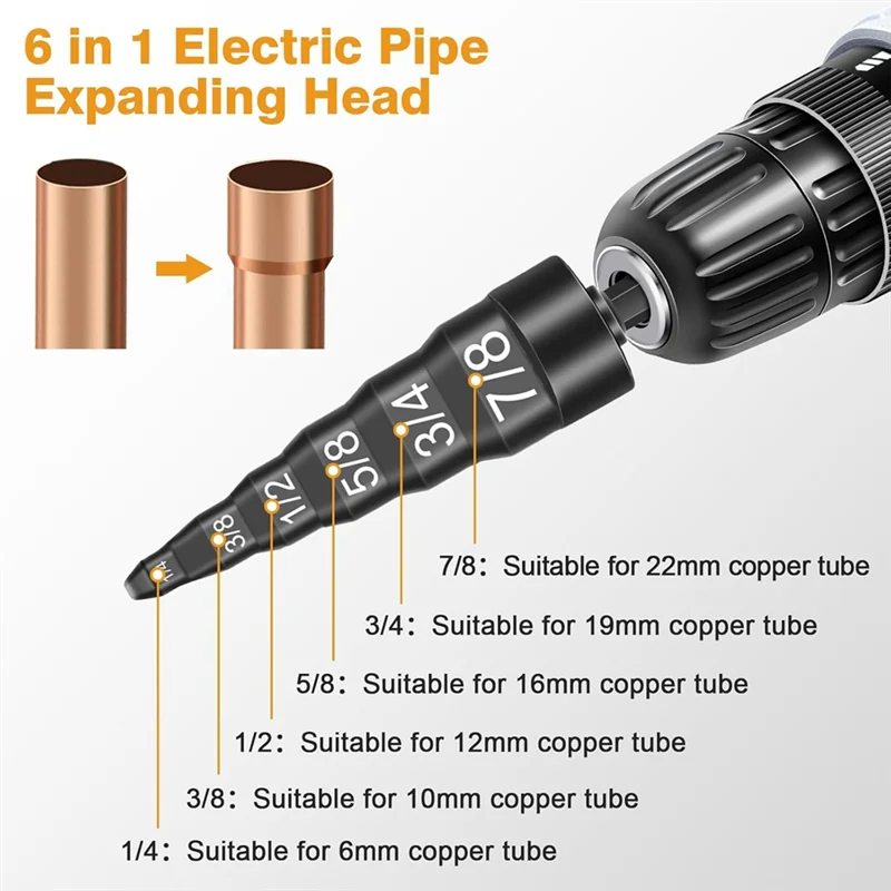 WCS-6-In-1 스웨이지 도구 HVAC 수리 세트, 1/4In 3/8In 1/2In 5/8In 3/4In 7/8In 비트가 있는 공기 구리 튜브 확장기 스웨이징 도구