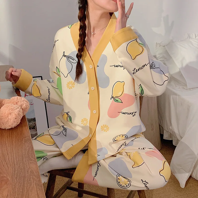 Spring Autumn Women's Imitation Cotton Pajamas V-neck Long Sleeve Cardigan Loose Casual Home Clothing Set Sweet Cute Sleepwear