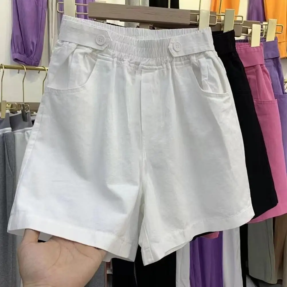 

Women Cotton Shorts Stylish Summer Women's Shorts with Elastic Waist Button Decor Loose Fit A-line Design with Pockets for A