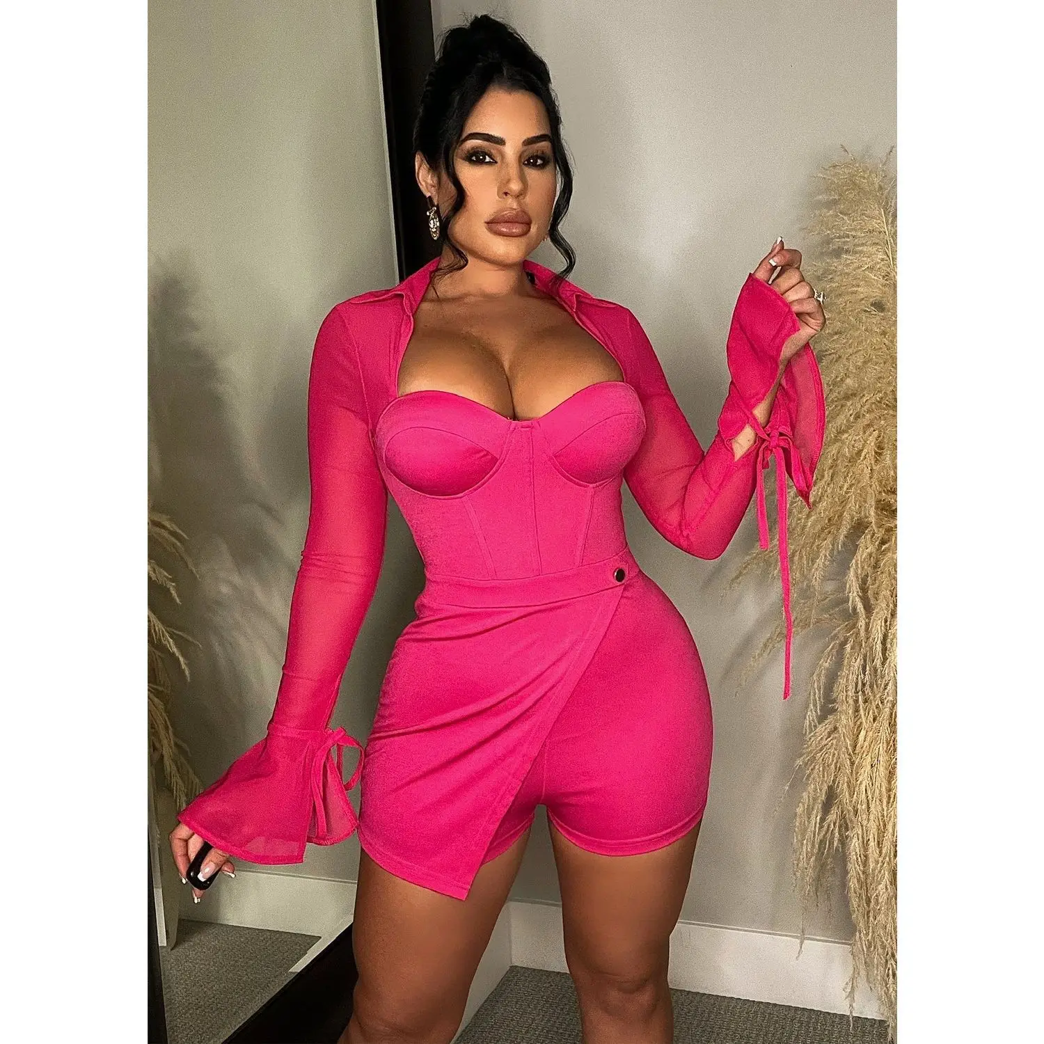 BKLD Summer Clothes New Romper For Women Solid Color Sexy Mesh Perspective Flare Sleeve Jumpsuit Shorts Night Club Outfit