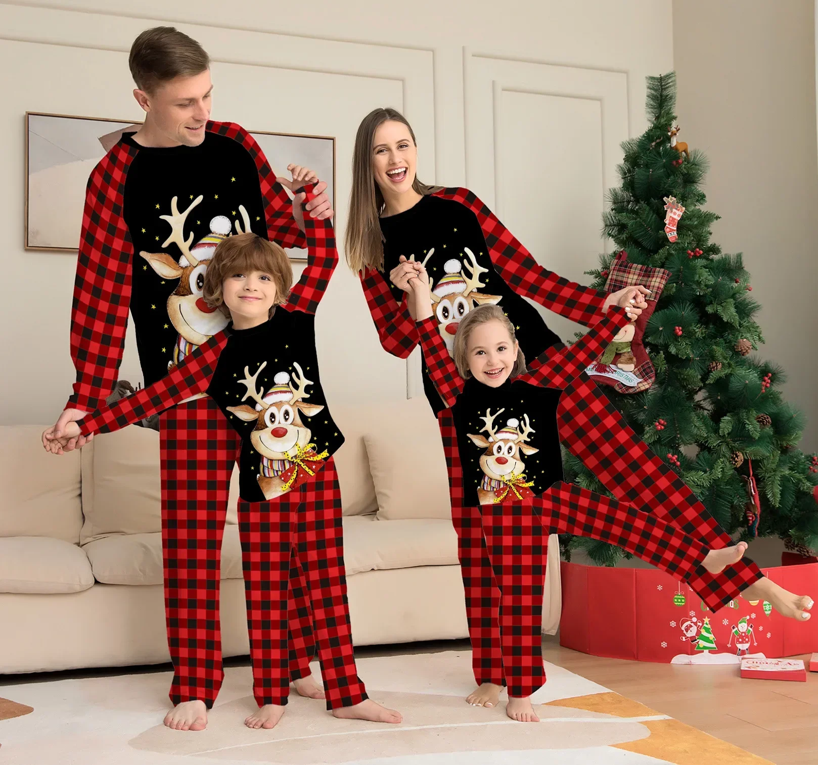 thumbnail image 1 of Pijamas navideños con estampado de árbol de Papá Noel, conjuntos familiares a juego, disfraces para bebés, niños y niñas, conjunto de ropa para madre, padre e hijos, pijamas suaves, 1 of 5