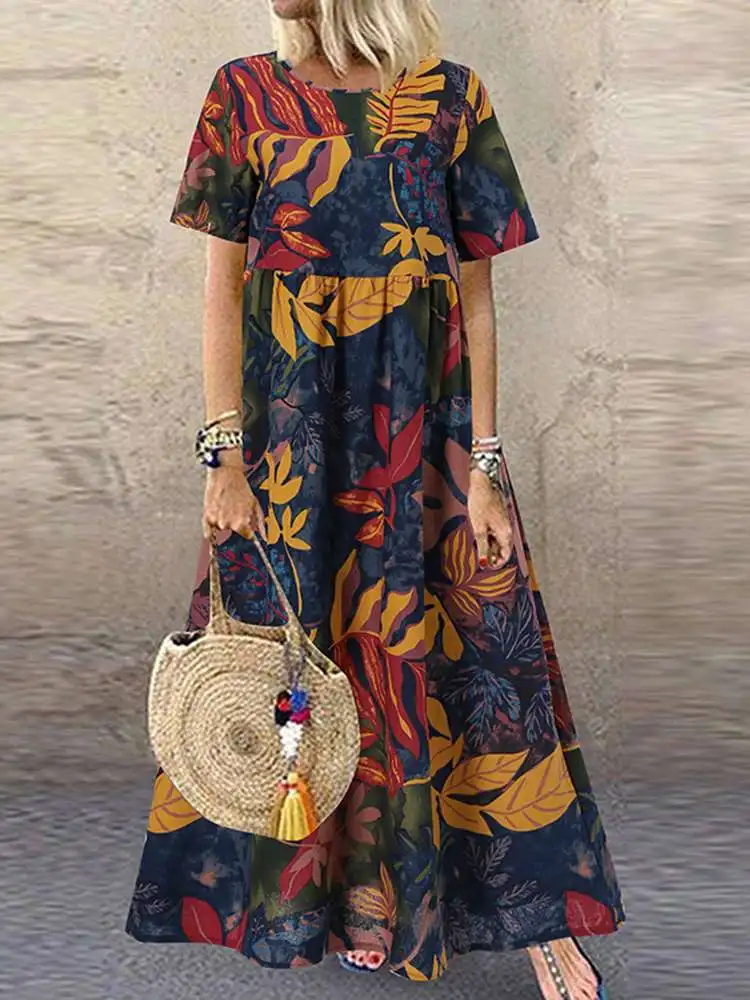 

ZANZEA Short Sleeve Printed Maxi Dress Bohemian Vestidos Women O Neck Elegant Long Sundress Summer Floral Tunic Robe Oversize