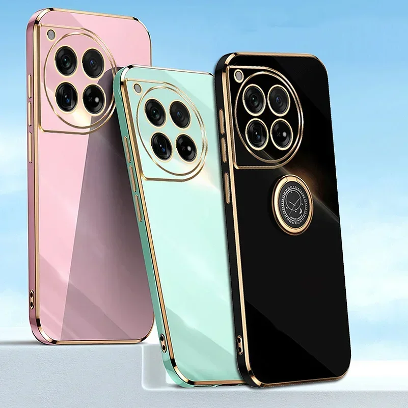 Enhanced 6D Plating Candy Color Soft Silicone Case with Ring Stand - Slim Square Back Cover