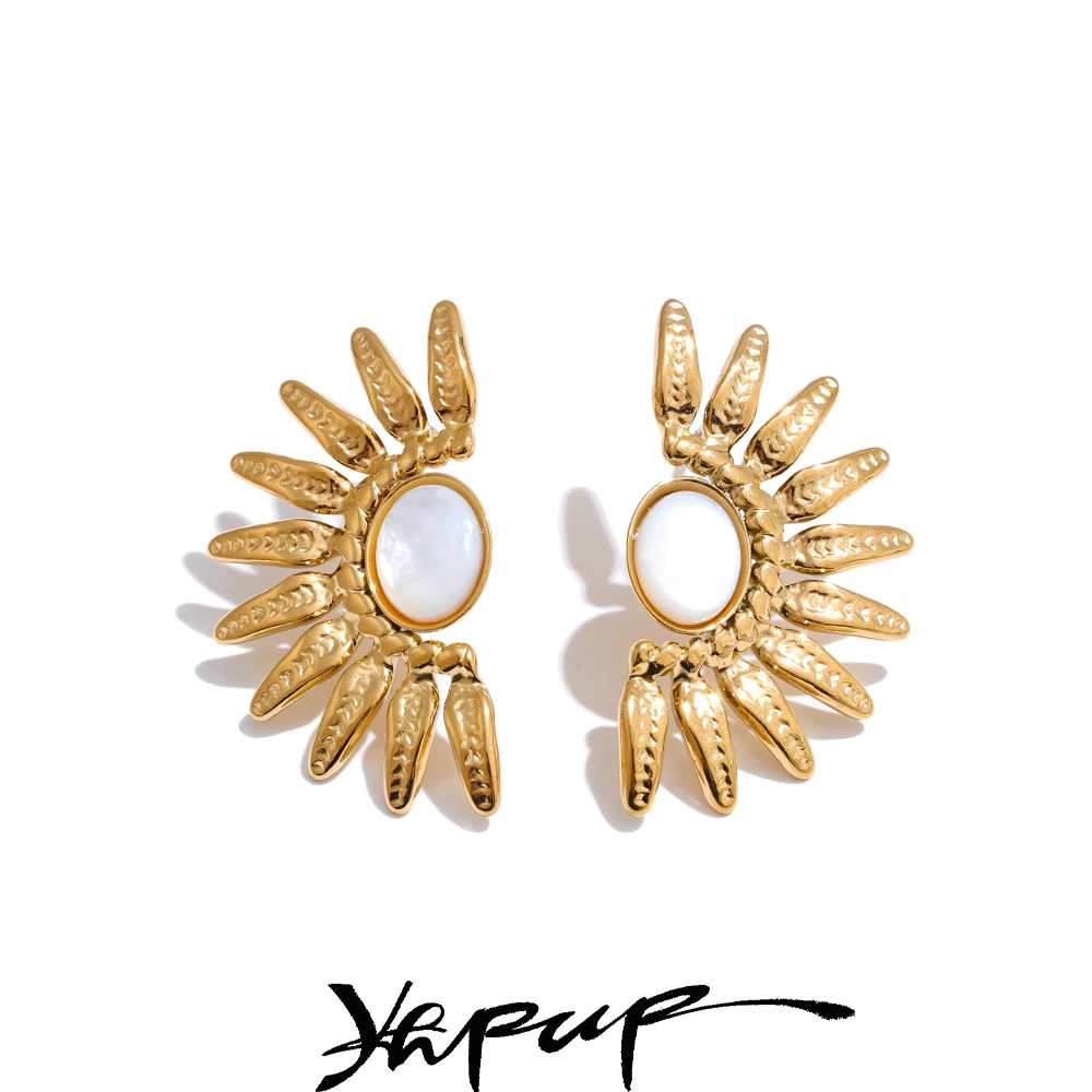 Yhpup Shell Flower Stud Earrings Gold Color 18K Plated Stainless Steel