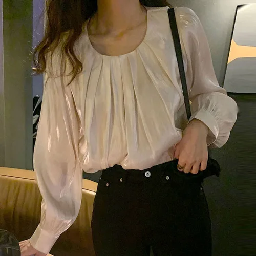 

Fashion O Neck Pullover Long Sleeve Top Women Hanging Design Loose Blusas Spring 2021 New Gloss Solid T-Shirt Women Feminino