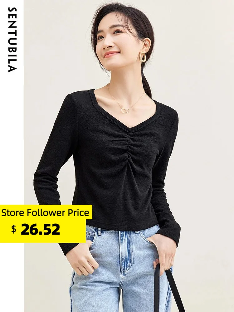 

Sentubila Square Collar Pleated Long Sleeve Knitted Top 2024 Spring Elegant Solid Pullovers Soft Female Knitwear 133T51664X