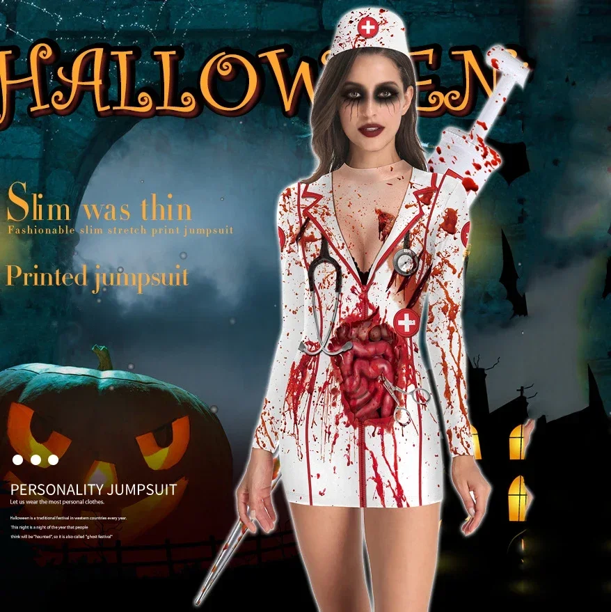 Woman Halloween Costumes Cosplay Bloody Nurse Zombie Mini Dresses Women Long Sleeve Pack Hip Dress Party Horror