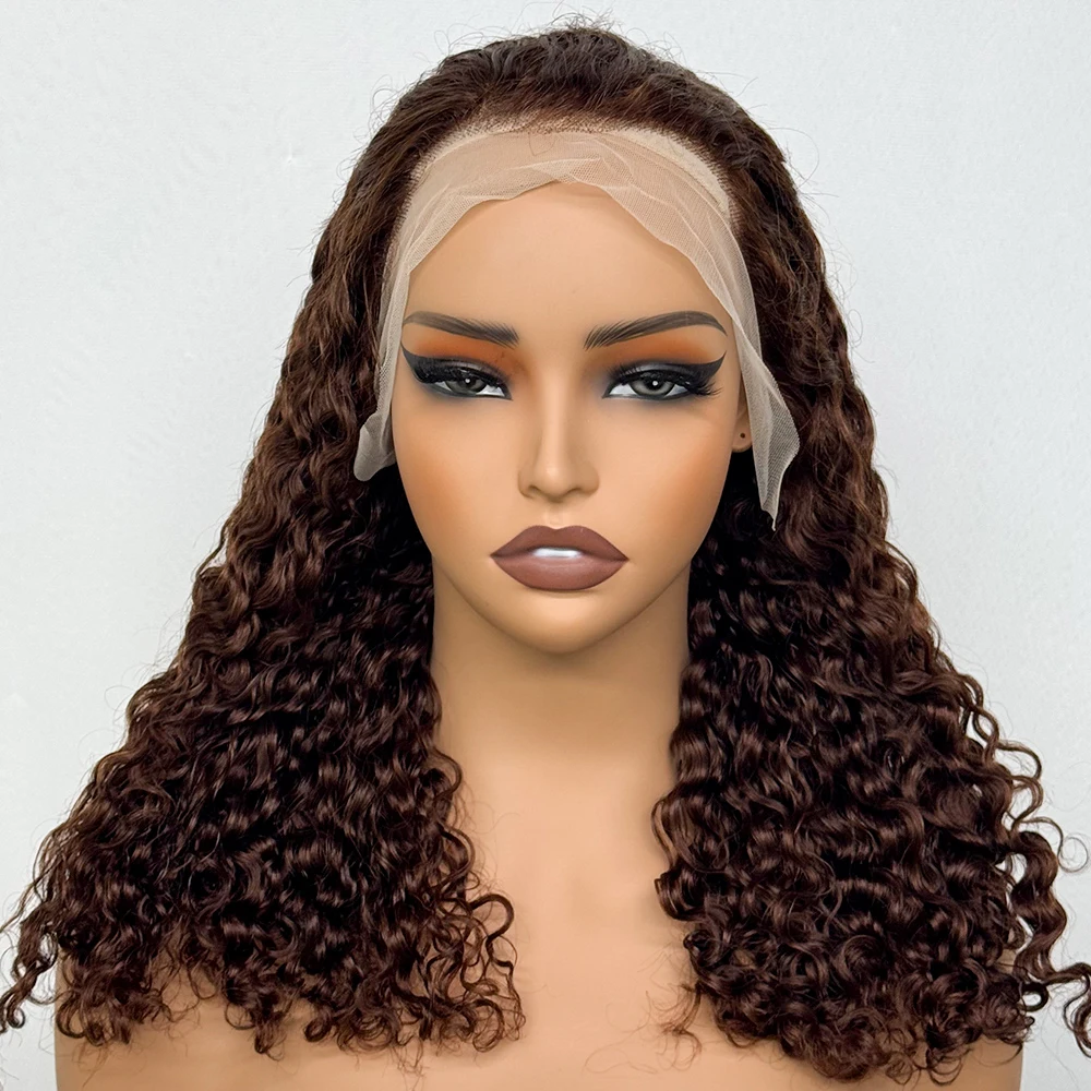 250% Density 20 Inch Chocolate Brown Water Wave Curly Front Human Hair Wigs 13x4 Transparent Lace Frontal Wig 4# Brown 99J Color