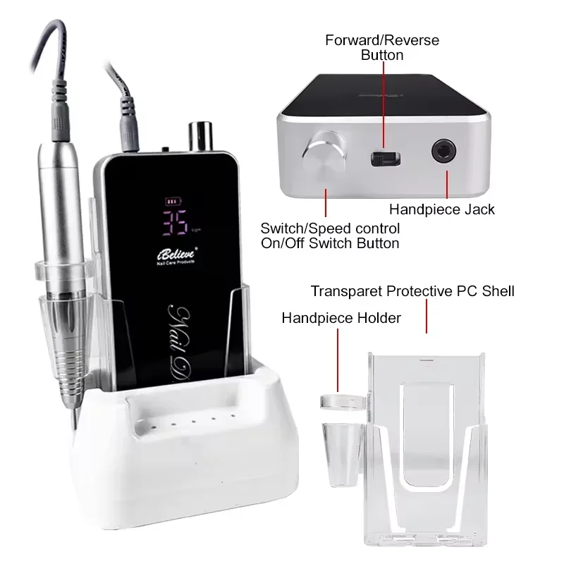 IBelieve Silver/Black Nail Drill Brushless Nail Sander Desktop Rechargeable Cordless Manicure Pedicure Set For Nail Equipment 4
