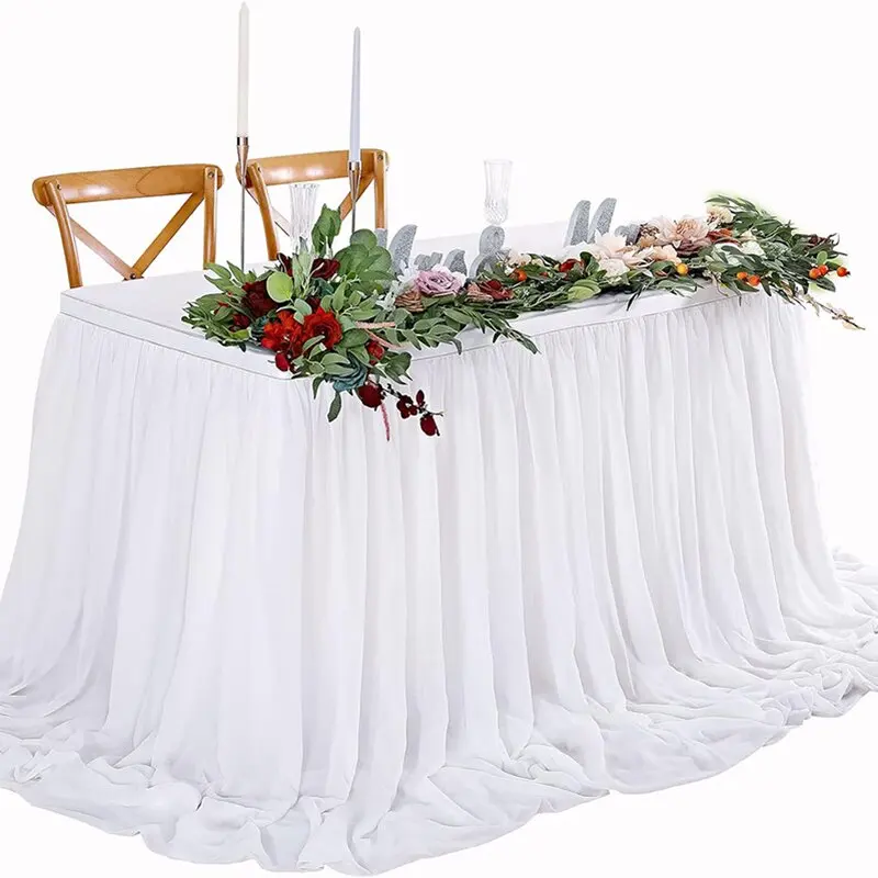 White Table Skirts Chiffon Semi-Sheer Tablecloths for Backyard Weddings Birthday Party Baby Shower Cake Dinner Table Decorations 6