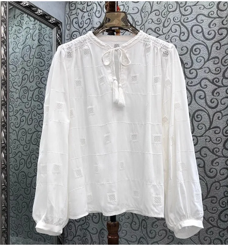 

High Quality Linen Blouses Shirts 2023 Autumn Style Women Hollow Out Embroidery Tassel String Deco Casual Loose Tops White Black