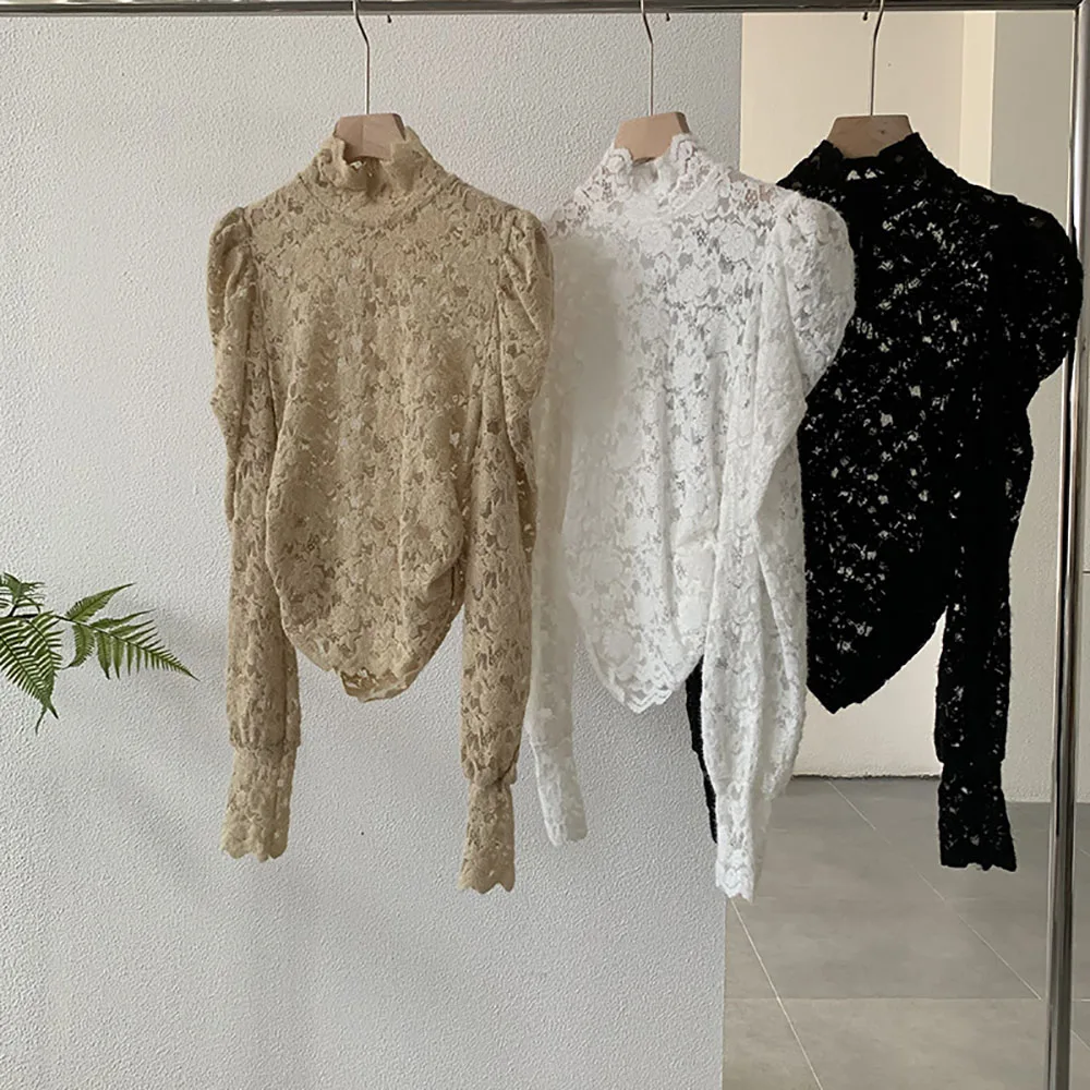 

Spring Autumn New Women Lace Bottoming Shirts Fashion Stand Collar All-matched Tops Sexy Lace Hollow Out Long Sleeve Shirts