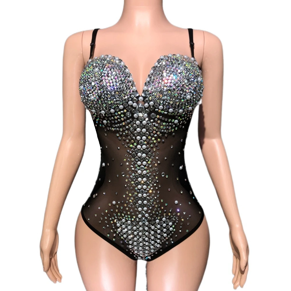 

Ladies Singer Dancer Performance Dance Costume Stage Wear Sexy Mesh See Through Rhinestones Bodysuit Photography Leotard