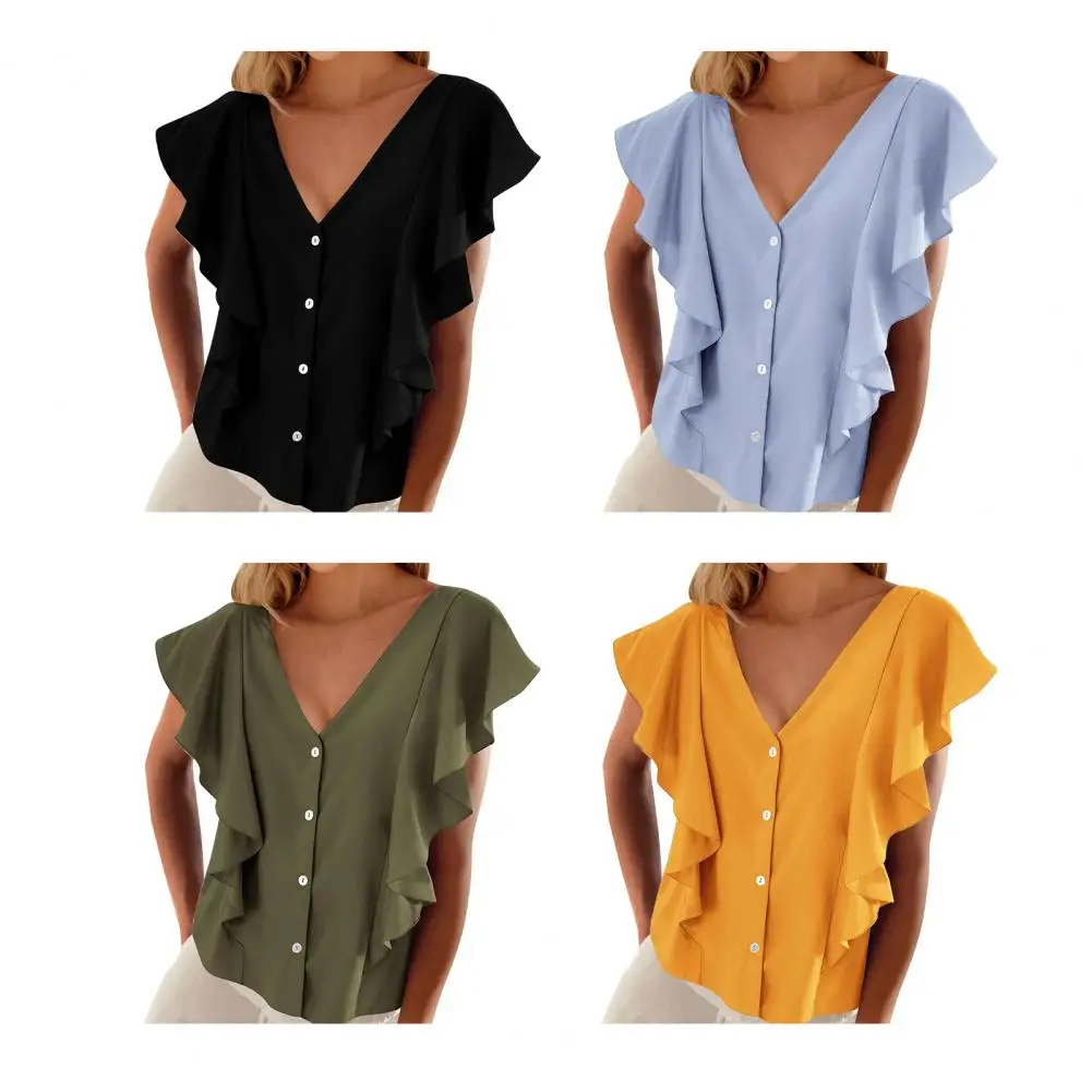 

V-neck Women Shirt Stylish Women's V-neck Ruffle Sleeve Blouses Loose Fit Streetwear Tops for Summer Dressy Casual Fashion