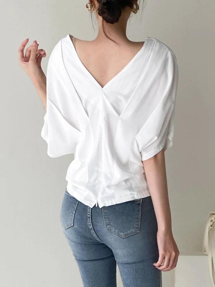 QOERLIN Chic V Neck Pleated Women Shirts y2k Loose Oversize Casual  Irregular Designer Blouse Elegant Summer Blouse Japanese saint michael clothes youth knitwear sin letters irregular break crew neck sweater pull oversize femme sweaters men for clothing