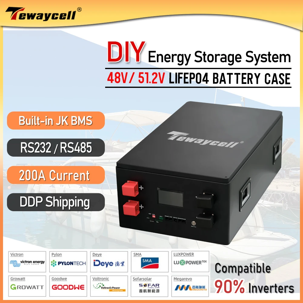 Tewaycell DIY 15Kwh 48V 280Ah LiFePO4 Battery Case Kit 51.2V 300Ah with JK-PB2A16S20P BMS+4.3inch LCD Screen +All Accessories Rechargeable Battery Lifepo4 Battery