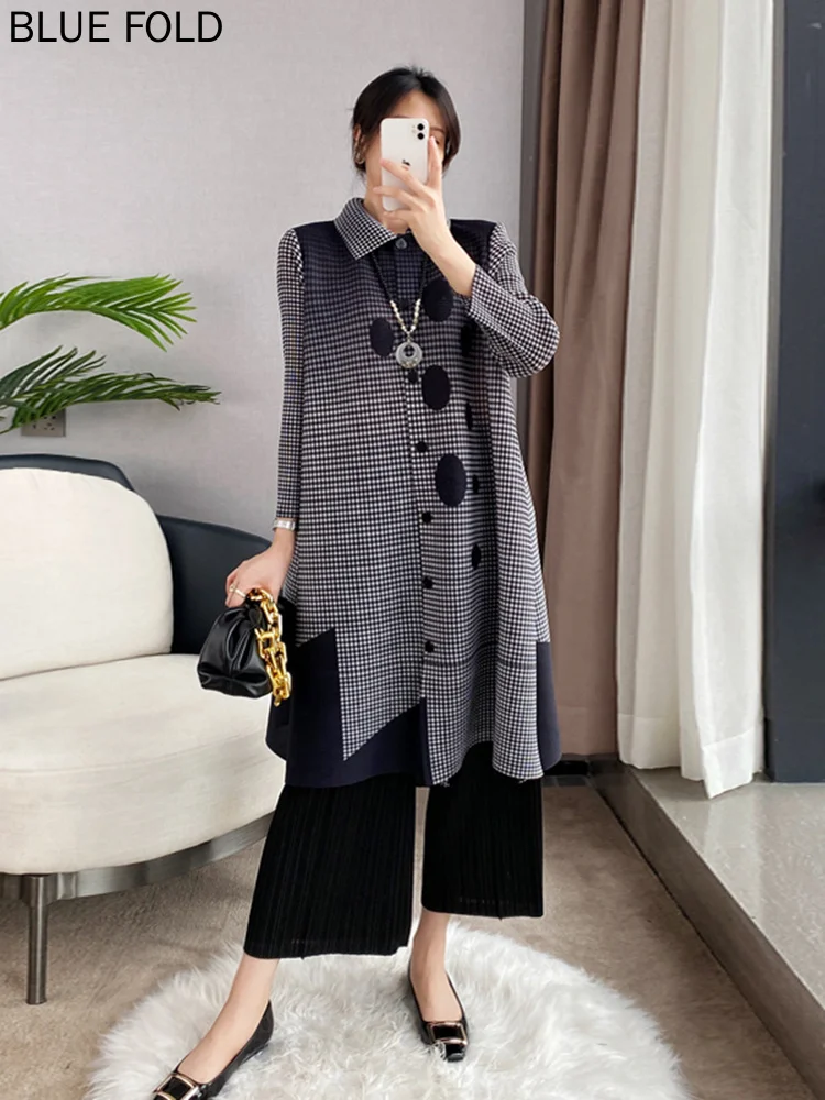 

Women Miyake Pleated Dresses Single Breasted Lapel Long Sleeve Color Block Print Lady Loose Luxury Party Clothes 2024 Spring New