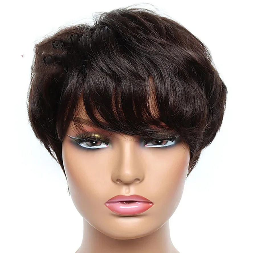 Short Pixie Cut Human Hair Blend Wig Straight Remy Brazilian Hair for Black Women Machine Made Colored Wig