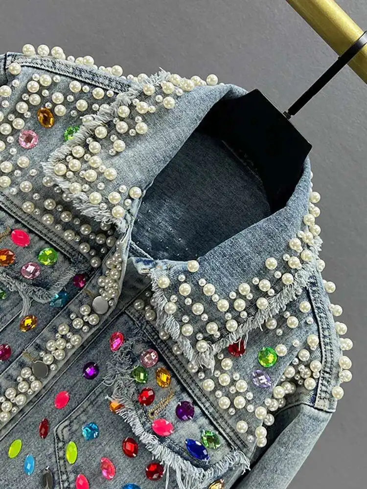 DEAT Women's Denim Coat Full Pearls Colored Beaded Crystal