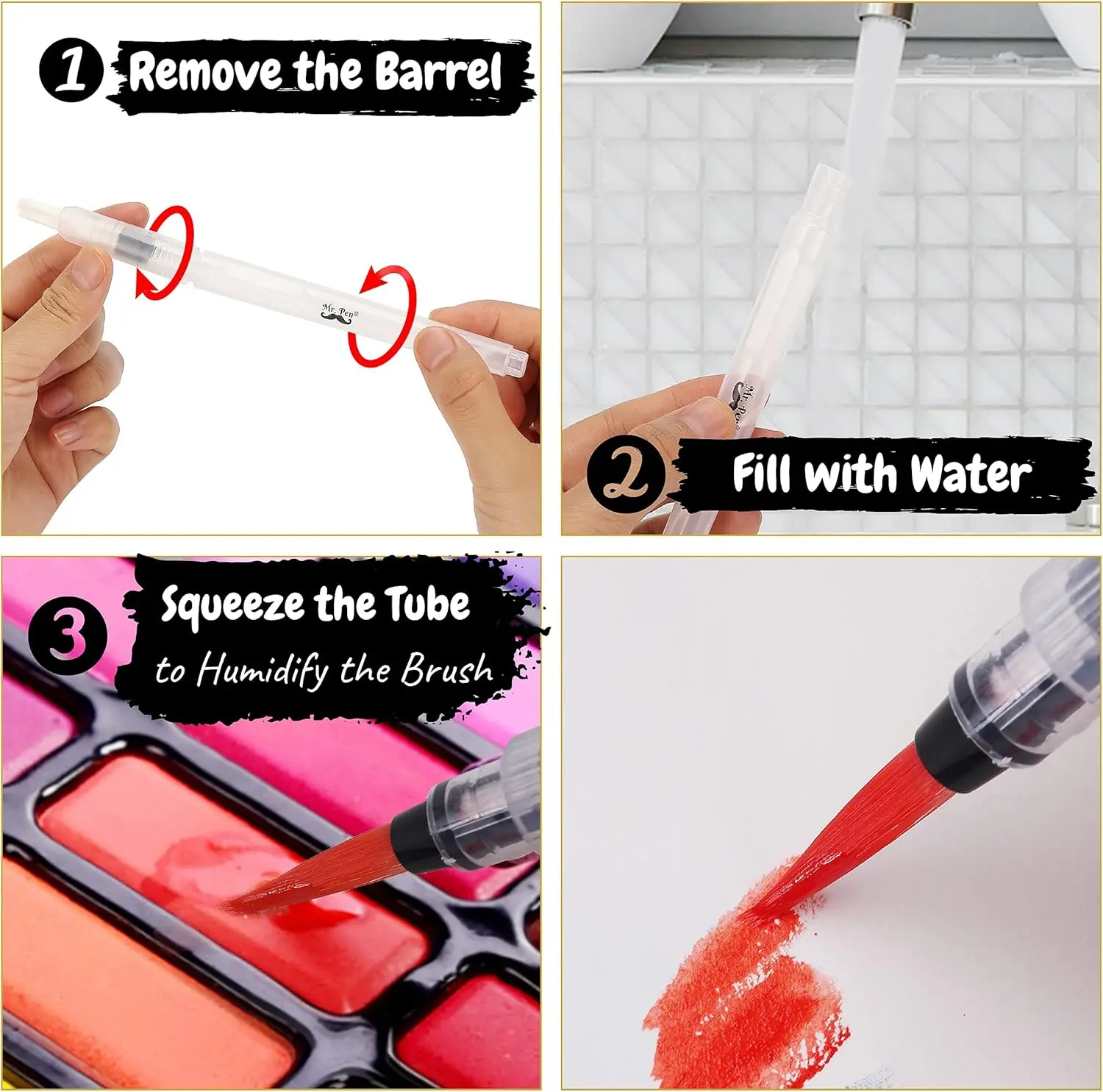 6PCS  Water Brush Pens for Watercolor, Water Color Pen, Watercolor Paint Pens, Refillable Water Paint Brush ，Watercolor Pens 3