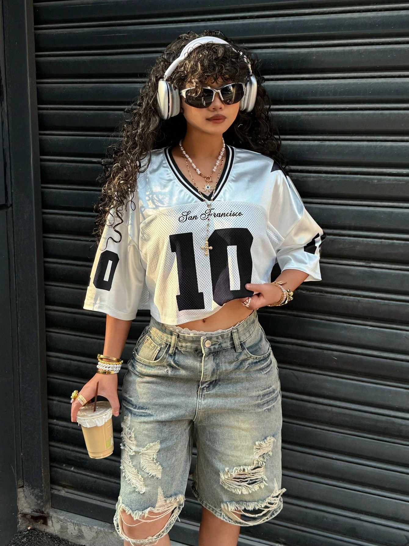 2025 Summer Women's Y2K Fashion Casual Sports Shirt American No. 10 Jersey V-Neck Loose Casual Breathable Quick Drying T-Shirt 1