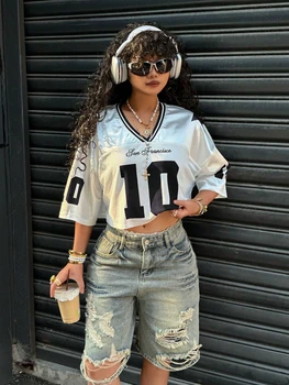 2025 Summer Women's Y2K Fashion Casual Sports Shirt American No. 10 Jersey V-Neck Loose Casual Breathable Quick Drying T-Shirt 1