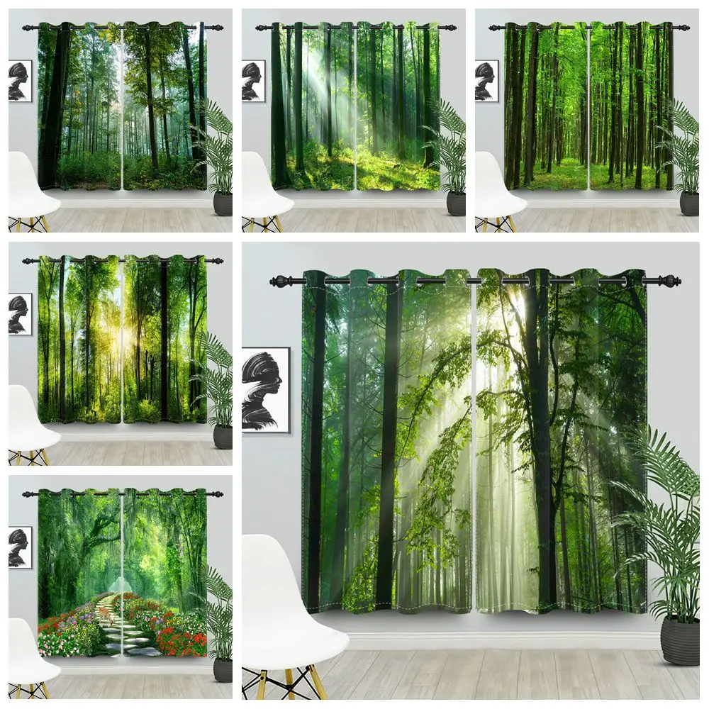 2pcs blackout curtains perforated Polyester sunny forest and natural green space Curtain of bedroom balcony living room curtains 2pcs blackout curtains perforated Polyester sunny forest and natural green space Curtain of bedroom balcony living room curtains
