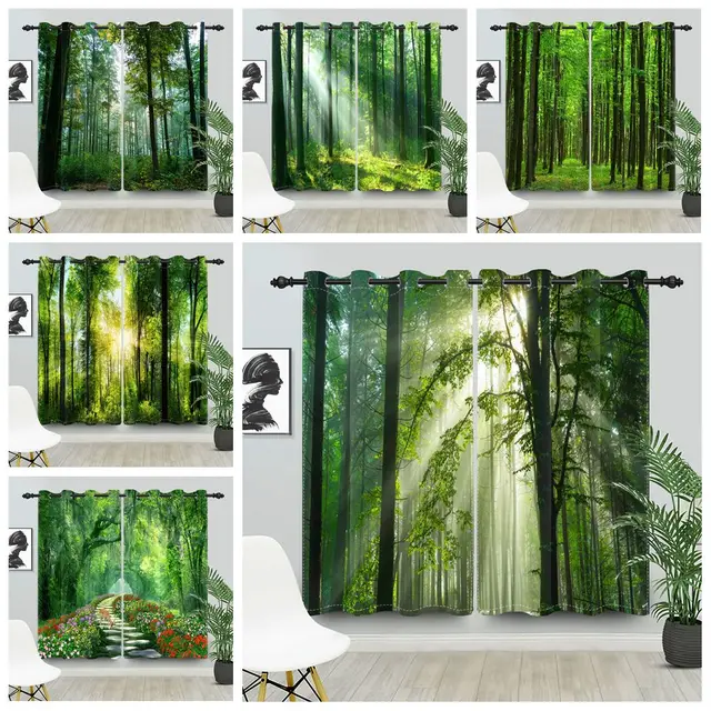 2pcs blackout curtains perforated Polyester sunny forest and natural green space Curtain of bedroom balcony living room curtains