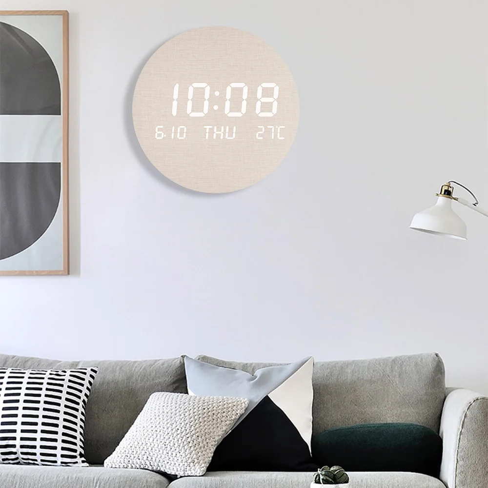 Digital Wall Clock LED Temperature Date Time Multi-function Display Wood Silent Alarm For Bedroom LivingRoom Hanging