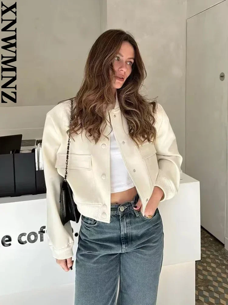 

XNWMNZ 2023 New Women's Casual Pocket Jackets Coat Spring Long Sleeve Bombers Fashion Solid Female Outwear