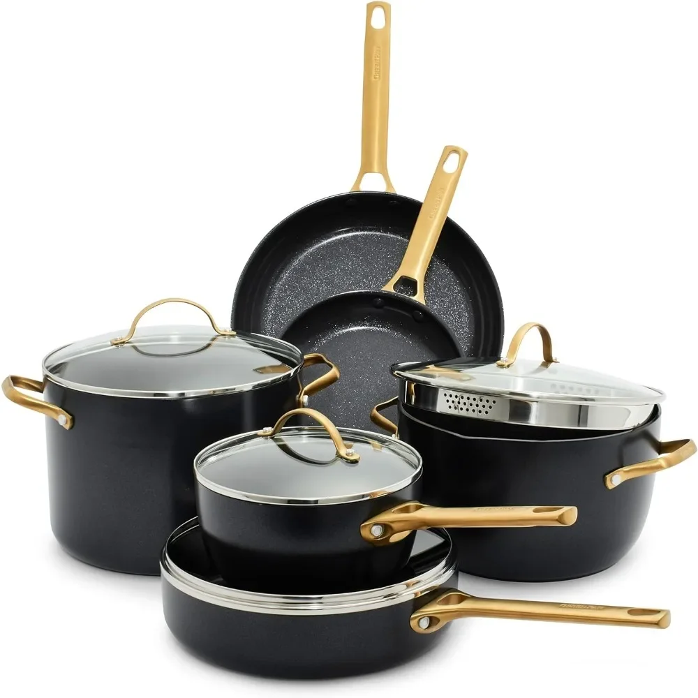 

Cookware Set, 10 Piece Hard Anodized Healthy Ceramic Non Stick Pot Set, Gold Handle, Oven Safety, Black Cookware Set