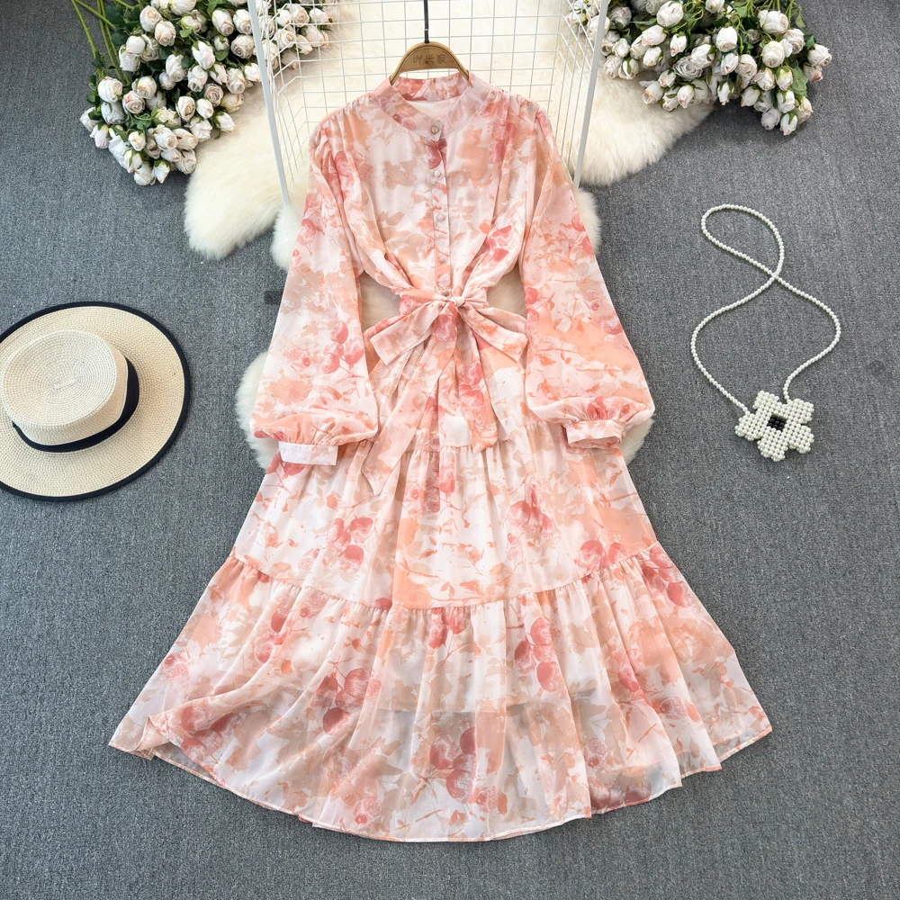 

Bodycon Dress Stand Lantern Sleeve Print Lace-up Vestidos Female Elegant Folds Spring A-line French Chic Dresses Button Dropship