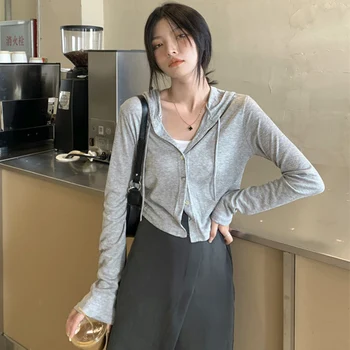 Rimocy Summer Knitted Hooded Cardigan Women Korean Streetwear Single Breasted Crop Tops Woman Solid Long Sleeve Knitwear Top 2