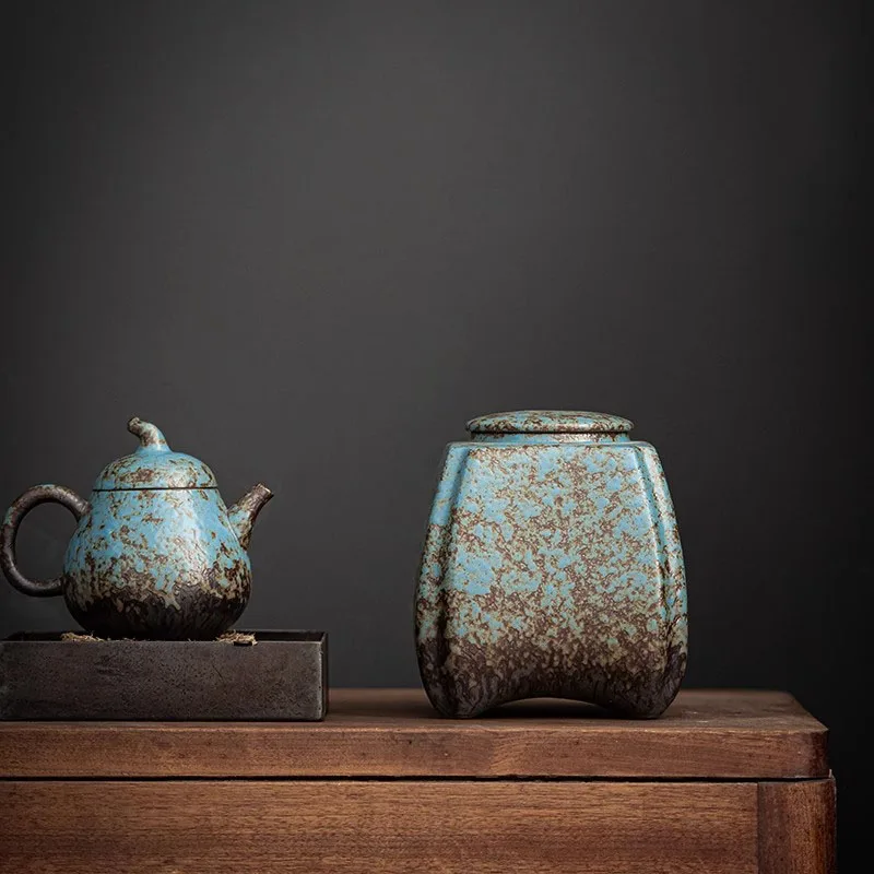 Kiln Turns Blue Ceramic Tea Caddy Sealed JarTea Box Decorative Storage Tank Tea Organizer Candy Jar Tea Container Storage Bottle