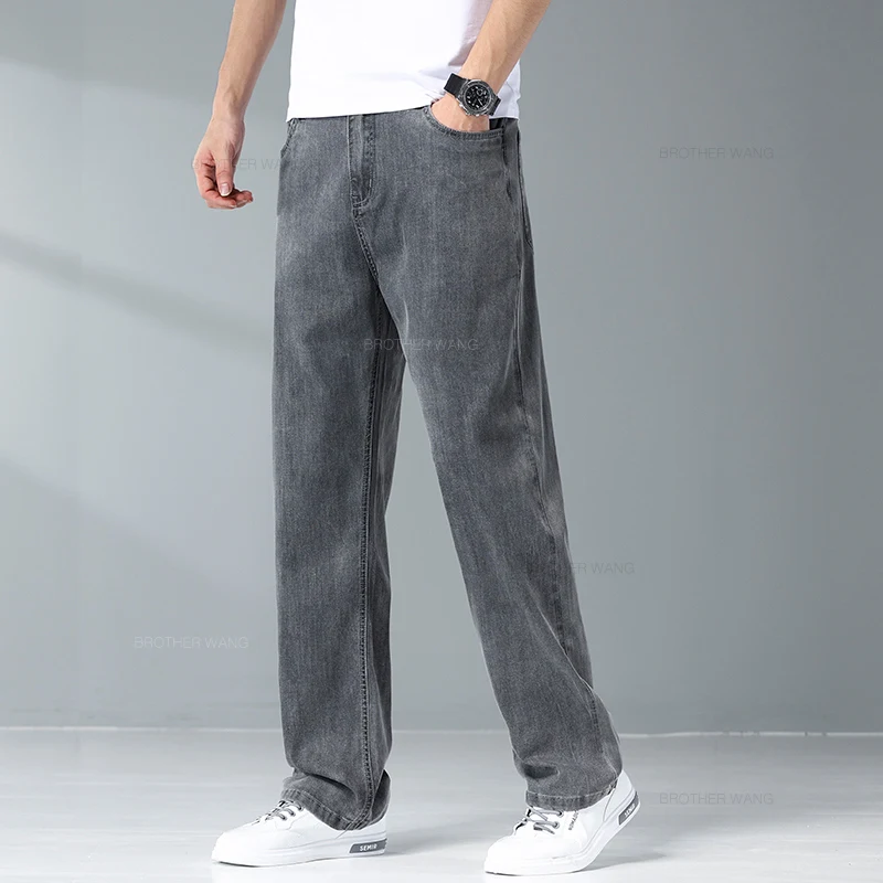 Summer Ice Silk Thin Jeans For Men Loose Wide Leg Plus Size Casual Trousers denim pants denim trousers men trousers High Quality Stretch Soft Fabric Pants