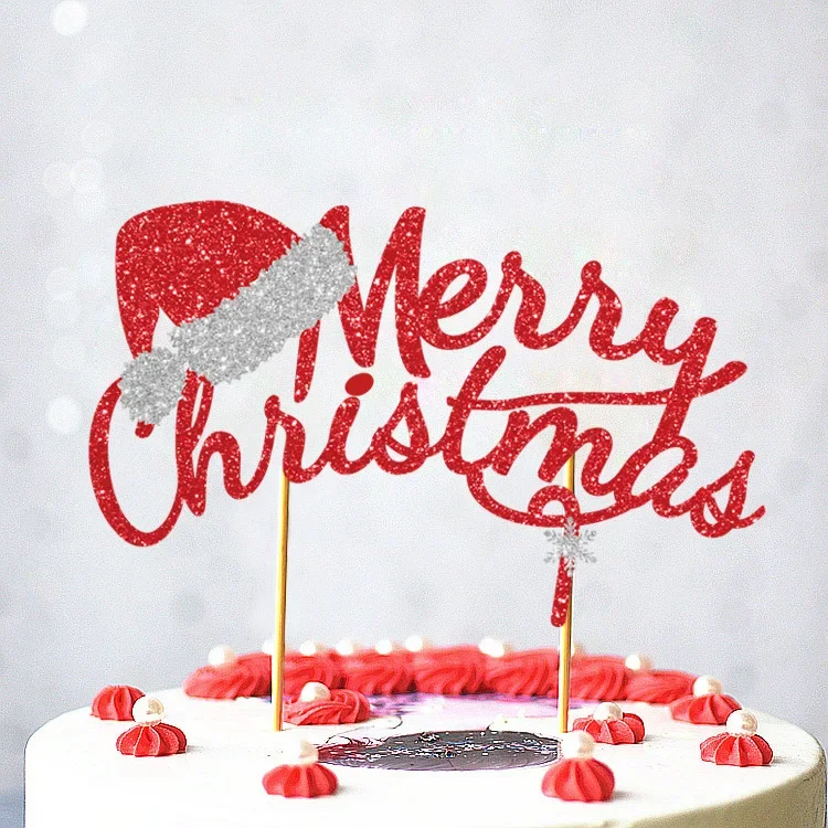 Merry Christmas With Hat Cake Topper Flags Antlers Tree Cupcake Toppers Party Decoration Happy New Year Baking Supplies DIY Xmas