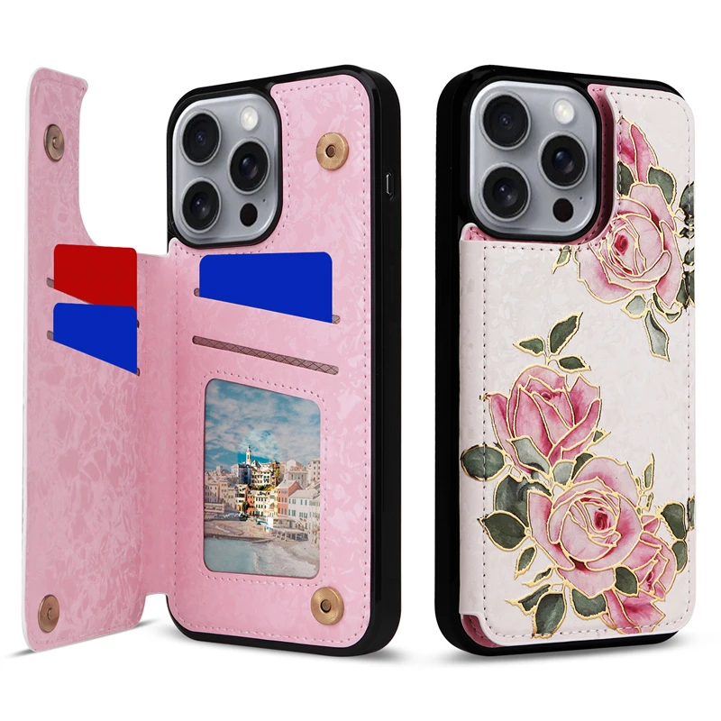 Elegant Flower Design Leather Wallet Card Holder Phone Case with Double Buckle Closure