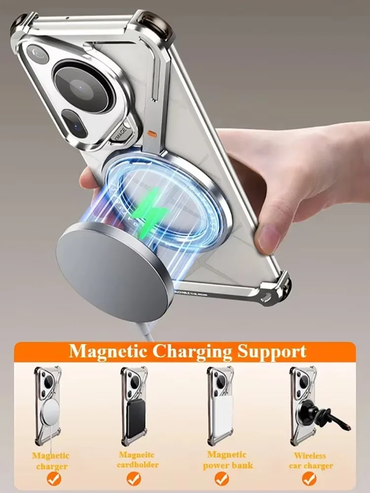 Eary Metal Phone Case for Huawei Pura 80 Ultra P80 Pro+ with Magsafe Magnetic Kickstand Frameless Shockproof Wireless Charging