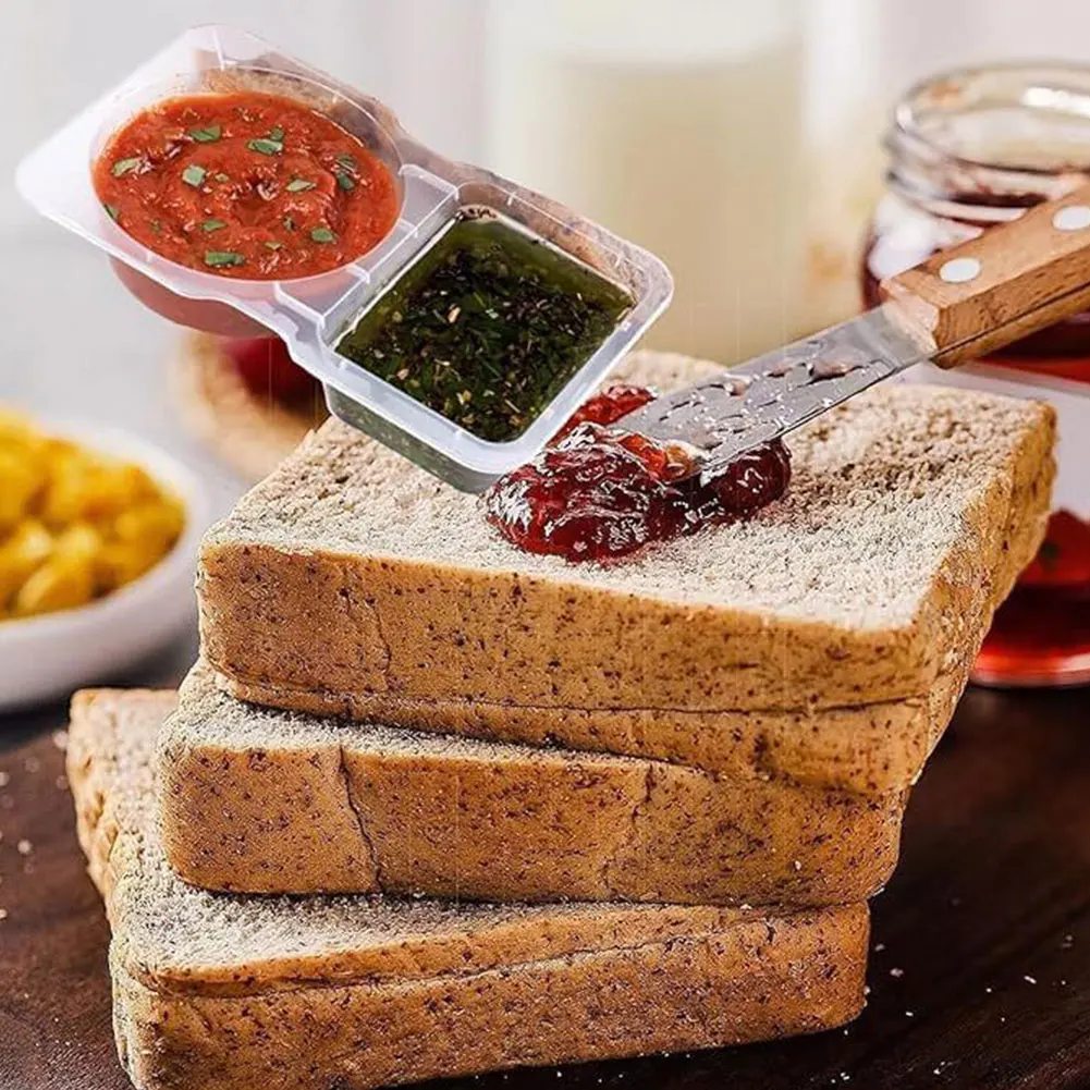 Disposable Seasoning Container Double Compartment Transparent Condiment Container Sealed Plastic Portion Cup for To-Go Sauces