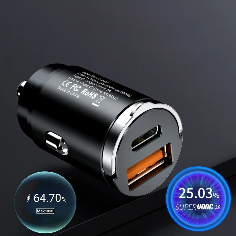 Caricabatteria da auto USB Tipo C PD 100W Mini adattatore di ricarica rapida 12V/24V QC3.0 per IPhone 13 14 12 11 8 Plus IPad Huawei Samsung Xiaomi