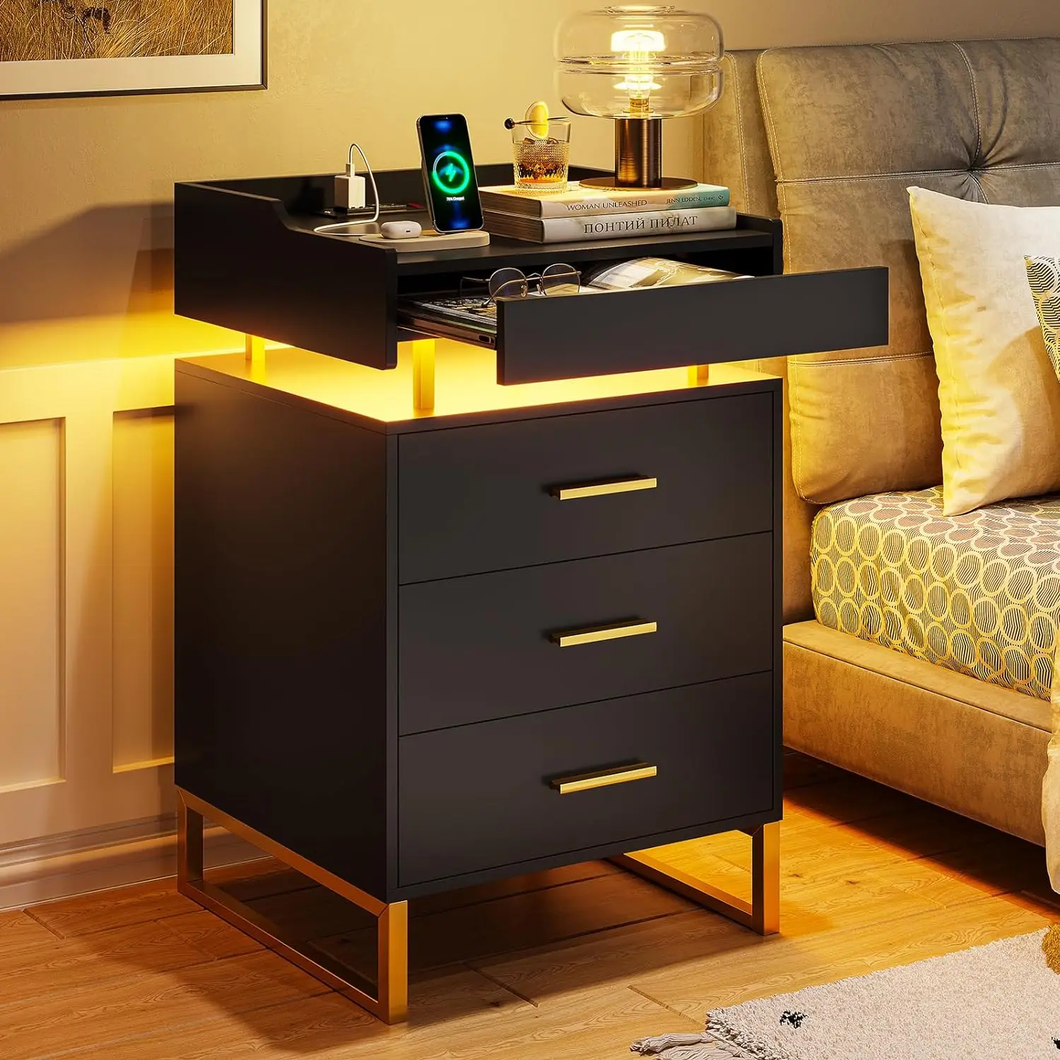 LED-Nightstand-with-Charging-Station-Large-Night-Stand-with-3-Drawers ...