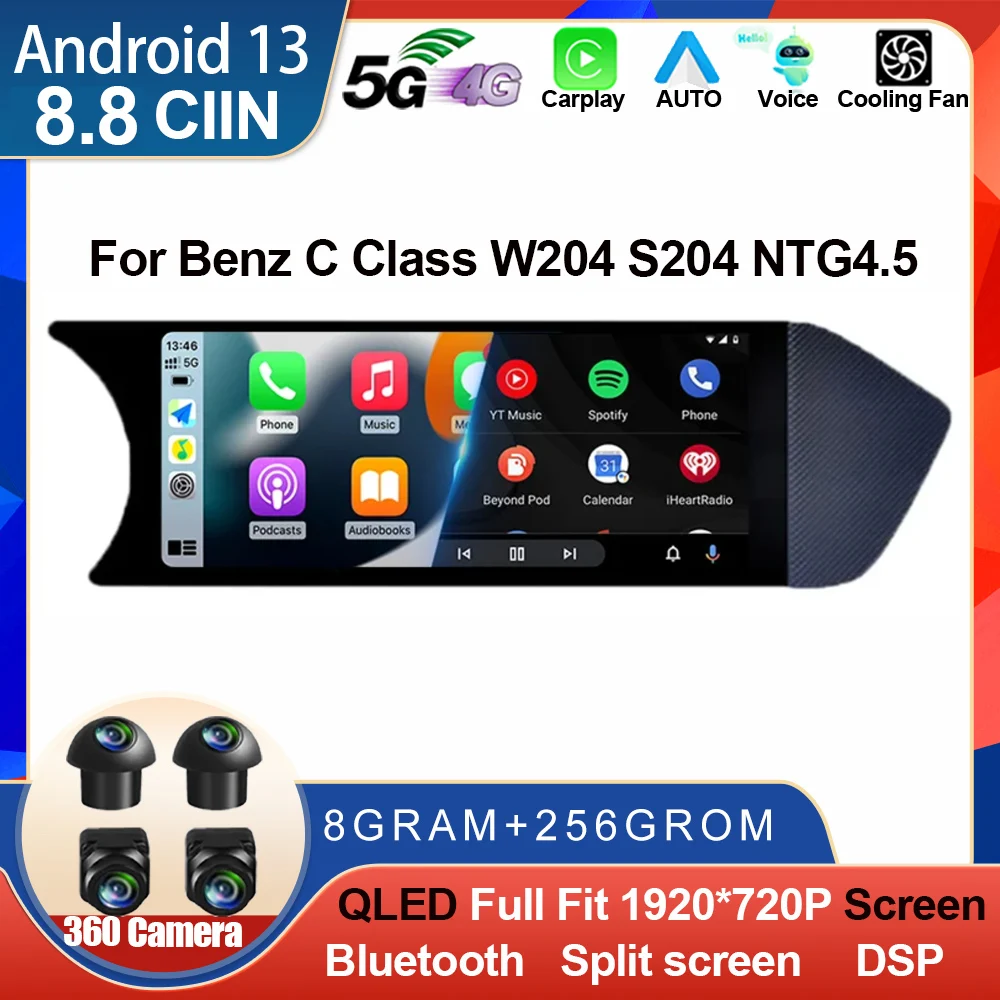 8.8 "Android 13 Qled Screen Car Multimedia Per Benz Classe C W204 S204 Ntg4.5 Auricolare Carplay Radio Player Lhd Rhd Wifi Sim Gps