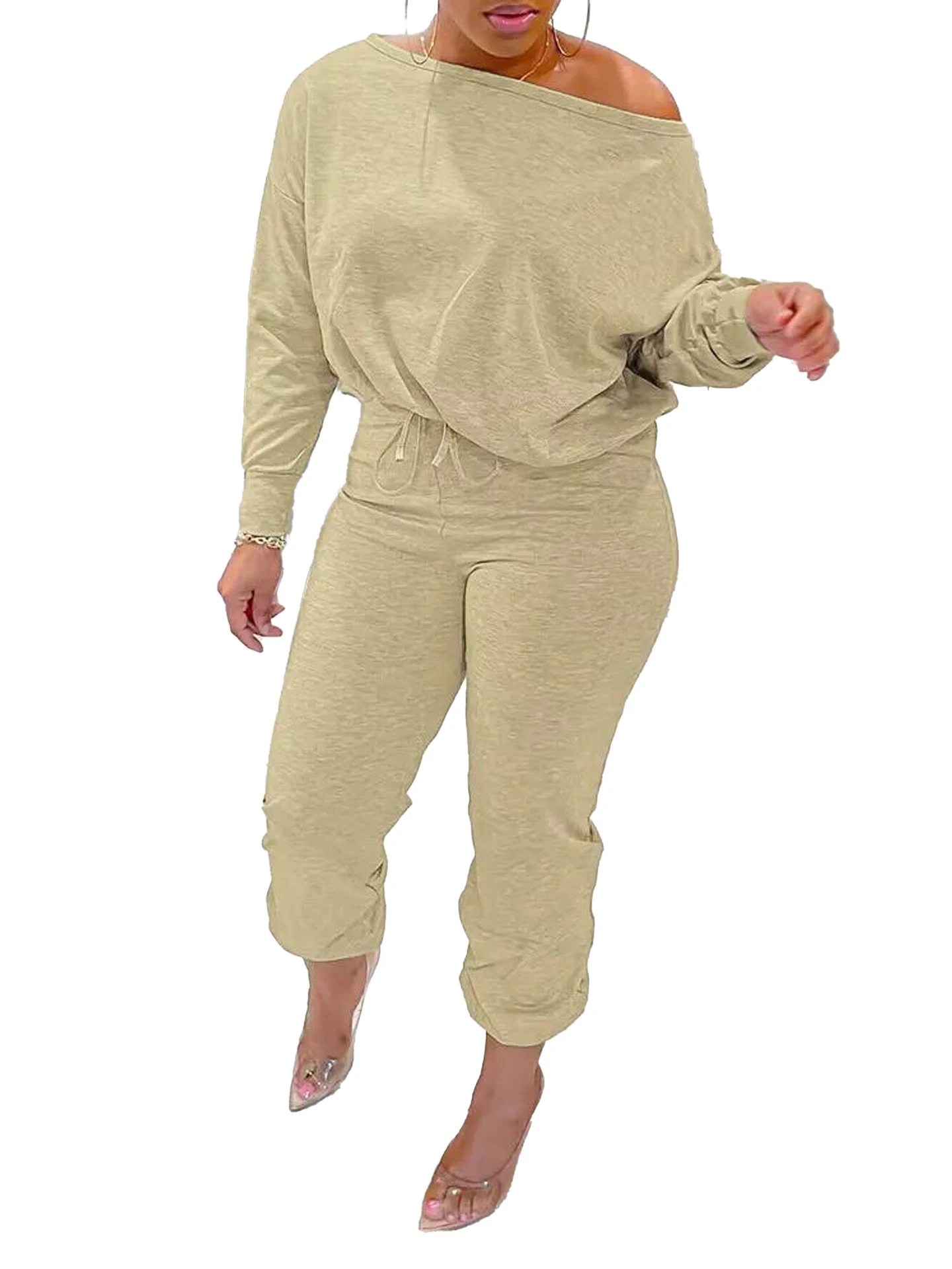 

Szkzk Casual Women's Set Long Sleeve Sloping Collar T-Shirt Top And Trousers Holiday Party Suit High Waist Jogging Two Piece Set