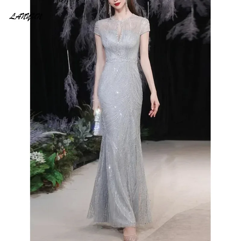 O-neck Sequined Slim Simple Evening Dresses Sleeveless Wedding Party Vestidos Temperament Elegant Prom Dress vestido de festa