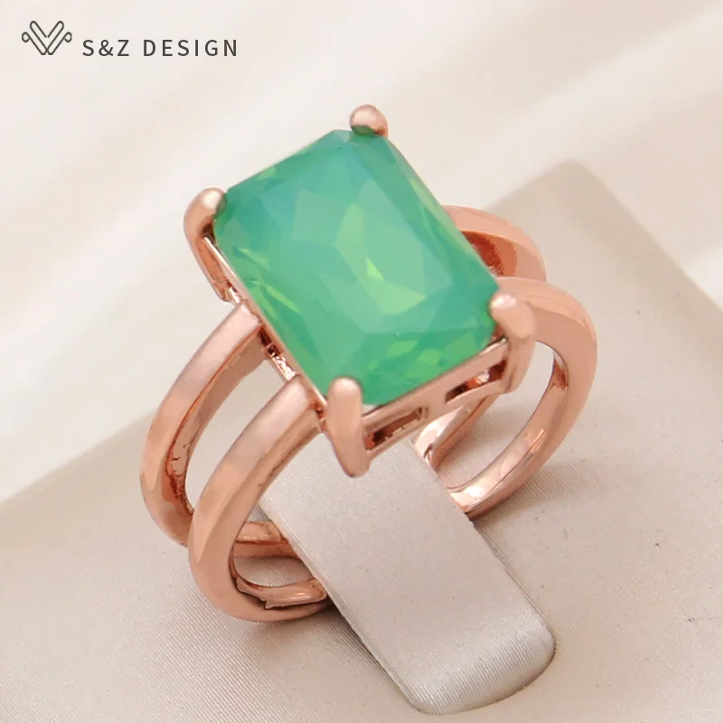 S&Z DESIGN New Stylish Rectangle Crystal Adjustable Rings For Women Wedding Party 585 Rose Gold Color Simple Jewelry Gift