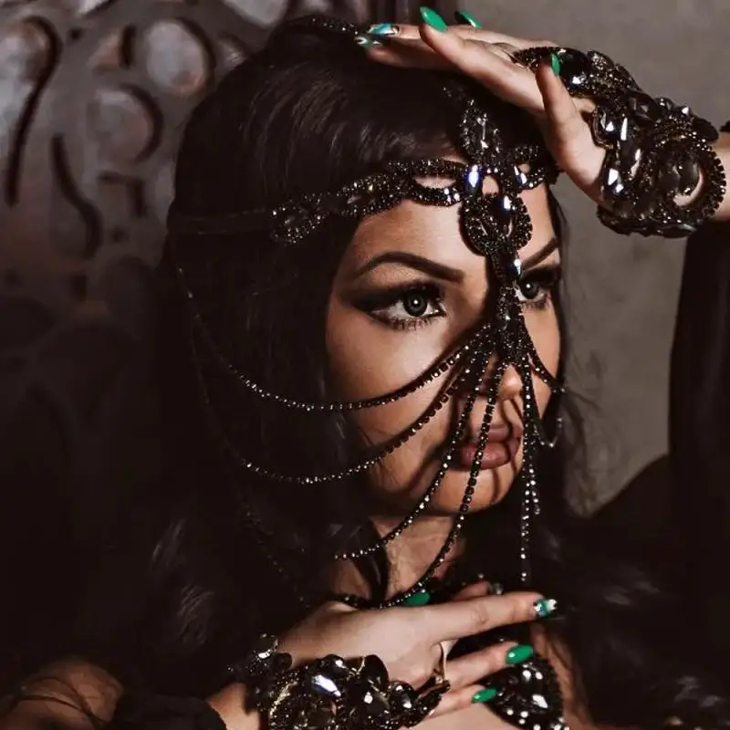 

1Pc Women Rhinestone Tassel Face Chain Exaggerated Black Mask Costume Party Fashion All-Match Decorative Prop