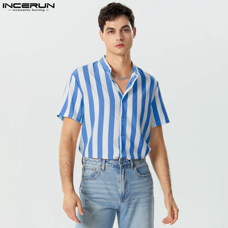 INCERUN Men Striped Shirt Stand Collar Short Sleeve Casual Men Clothing Harajuku Streetwear Summer Leisure Shirts S-5XL casual short sleeved shirt short sleeved shirt