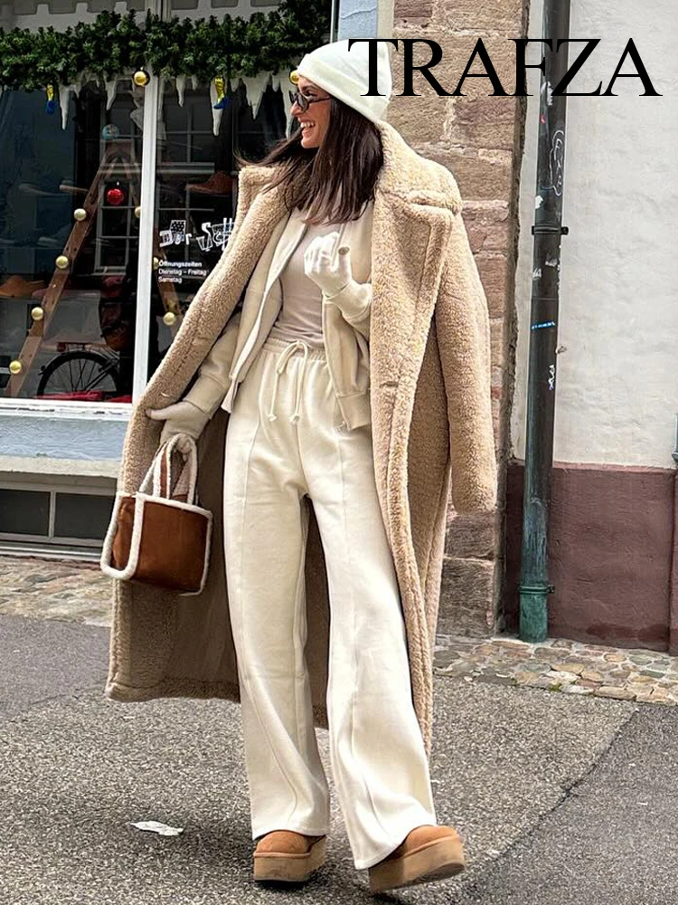 TRAFZA Vintage Teddy Long Coat Women Autumn Winter Lapel Chic Long Sleeve Double Breasted Big Jacket Woman Street Blend Overcoat 6
