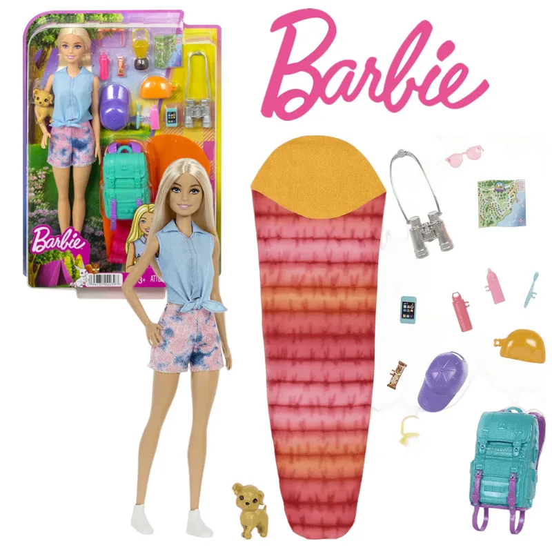 

2022 Barbie It Takes Two Malibu Camping Doll Blonde Pet Puppy Backpack Sleeping Bag Accessories Action Figure Model Toys Gifts